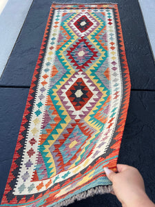 3x7 (100x200) Handmade Afghan Kilim Runner Rug | Burnt Orange Cornsilk Yellow Purple Teal Ivory Black Denim Blue Grey Crimson Red | Persian