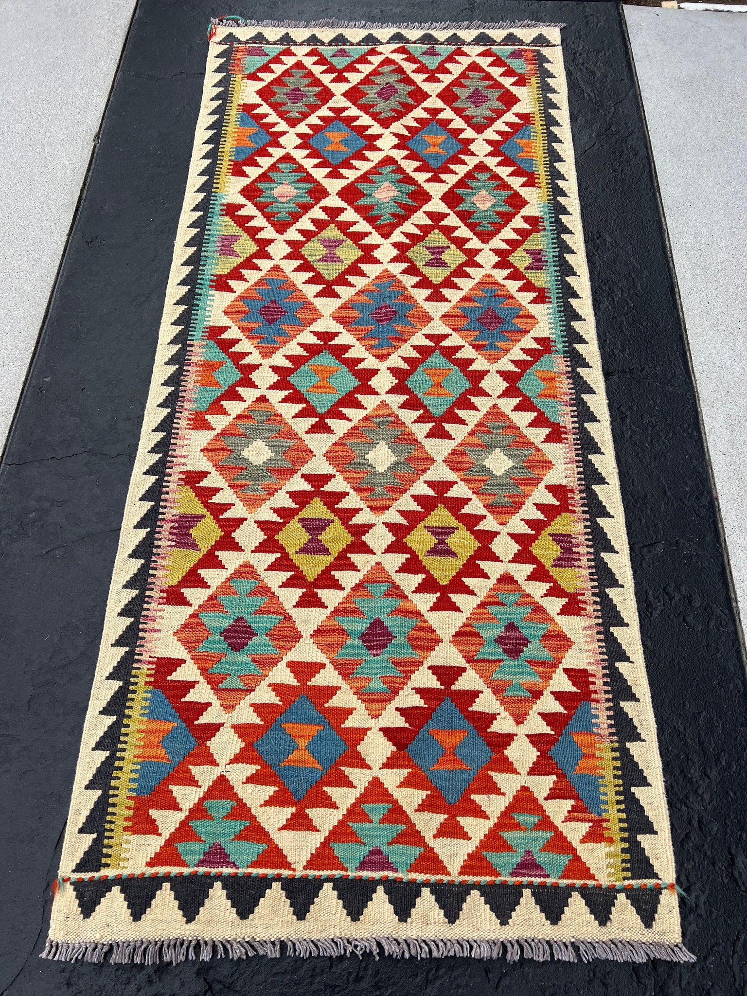 3x7 (100x200) Handmade Afghan Kilim Runner Rug | Cream Black Grey Burnt Orange Blood Red Navy Blue Olive Teal Turquoise Purple | Persian