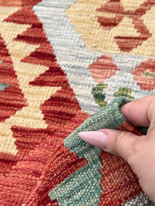 6x8 (180x245) Handmade Afghan Kilim Rug | Brick Red Burnt Orange Teal Olive Forest Green Taupe Grey Brown Sky Blue | Persian Oushak Wool