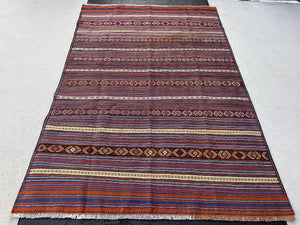 4x6 (120x183) Handmade Afghan Kilim Rug | Rust Orange Rose Pink Ivory Cornsilk Midnight Royal Blue Crimson Red Black Turquoise Purple | Wool