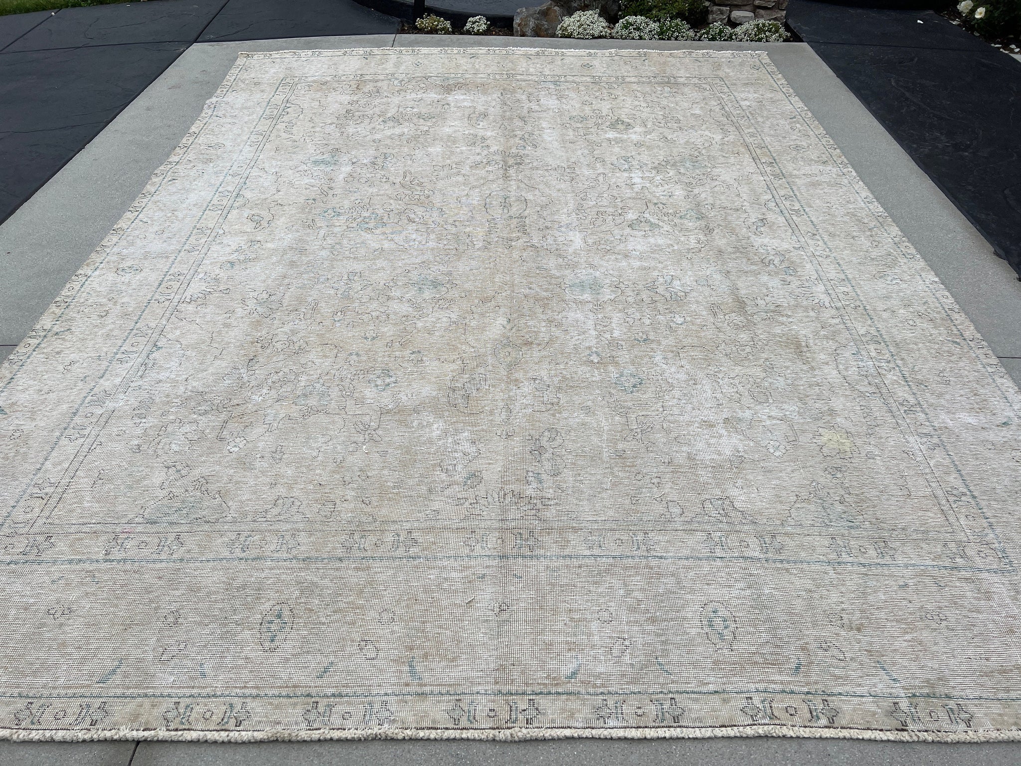 10x13 (305x400) Handmade Afghan Rug | Neutral Muted Grey Gray Cream Beige Teal Turquoise Black | Wool Hand Knotted Turkish Persian Floral