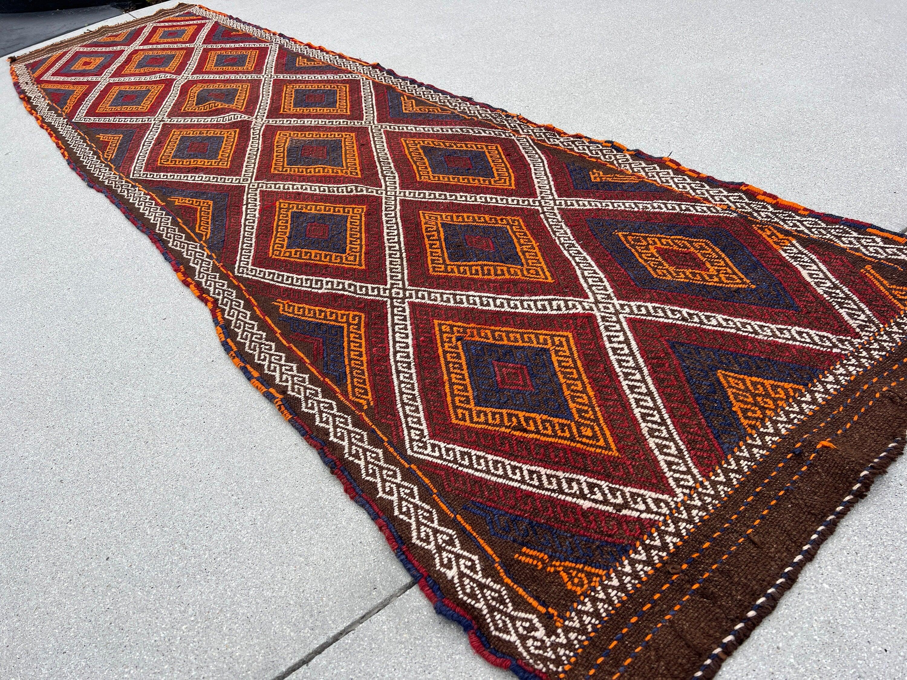 3x10 (90x305) Fair Trade Handmade Afghan Kilim Runner Rug | Chocolate Brown Ivory Orange Midnight Blue Crimson Red | Persian Oushak Wool