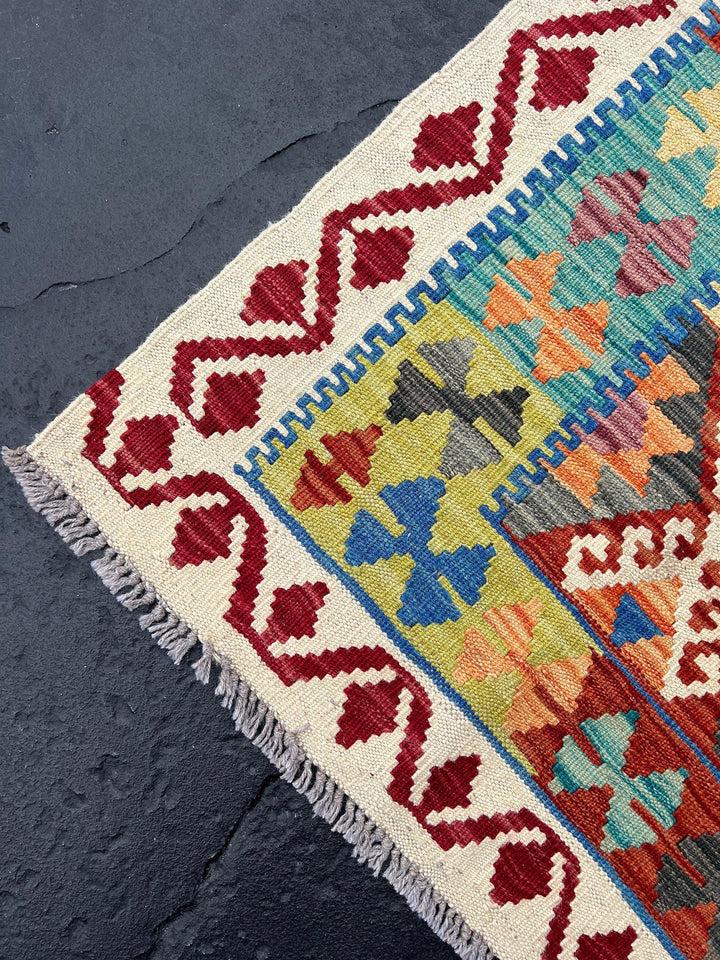 3x7 (100x200) Handmade Afghan Kilim Runner Rug | Cream Beige Crimson Red Ivory Grey Denim Blue Olive Teal Turquoise Orange Purple | Wool