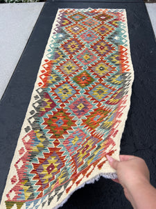 3x7 (100x200) Handmade Afghan Kilim Runner Rug | Cream Ivory Crimson Brick Red Denim Sky Blue Olive Forest Teal Burnt Orange Purple | Wool