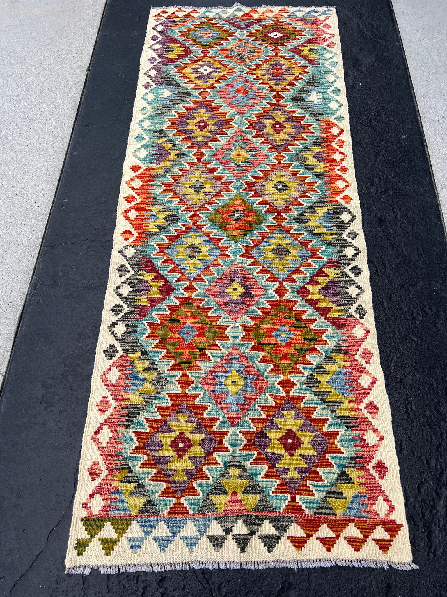 3x7 (100x200) Handmade Afghan Kilim Runner Rug | Cream Ivory Crimson Brick Red Denim Sky Blue Olive Forest Teal Burnt Orange Purple | Wool