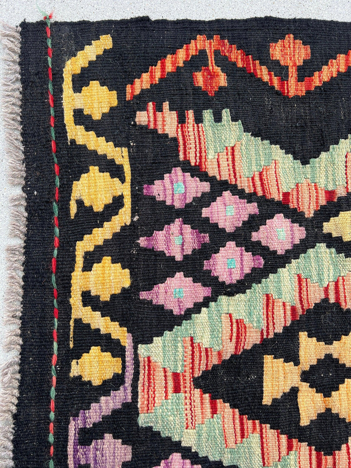 3x16 (90x490) Handmade Kilim Afghan Runner Rug | Black Purple Sky Blue Orange Rose Pink Blood Red Mustard Yellow Olive | Flatweave Wool