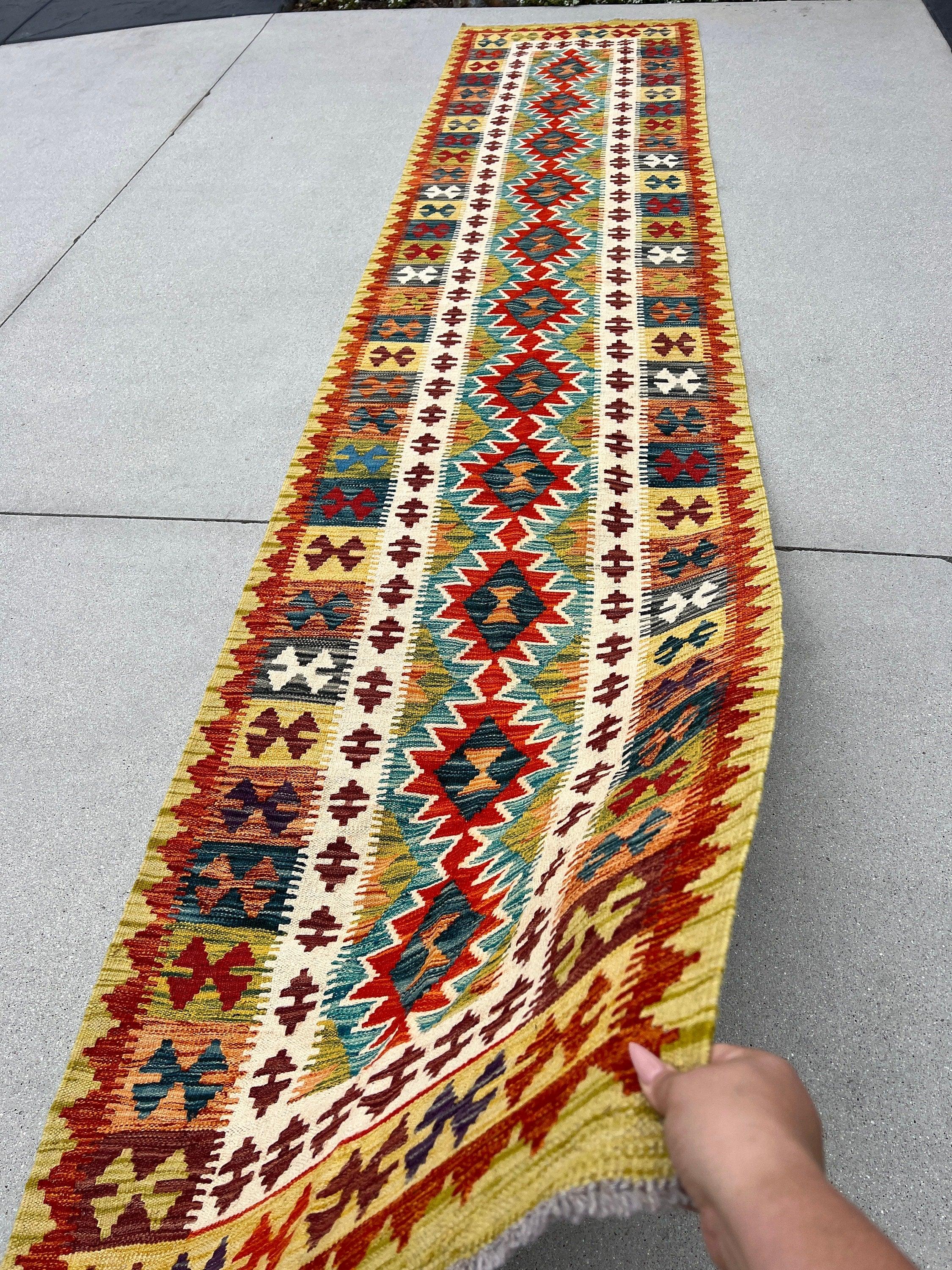 3x13 (90x410) Handmade Afghan Kilim Rug Runner | Olive Green Maroon Brick Red Teal Burnt Orange Charcoal Grey Prussian Blue Purple Cream