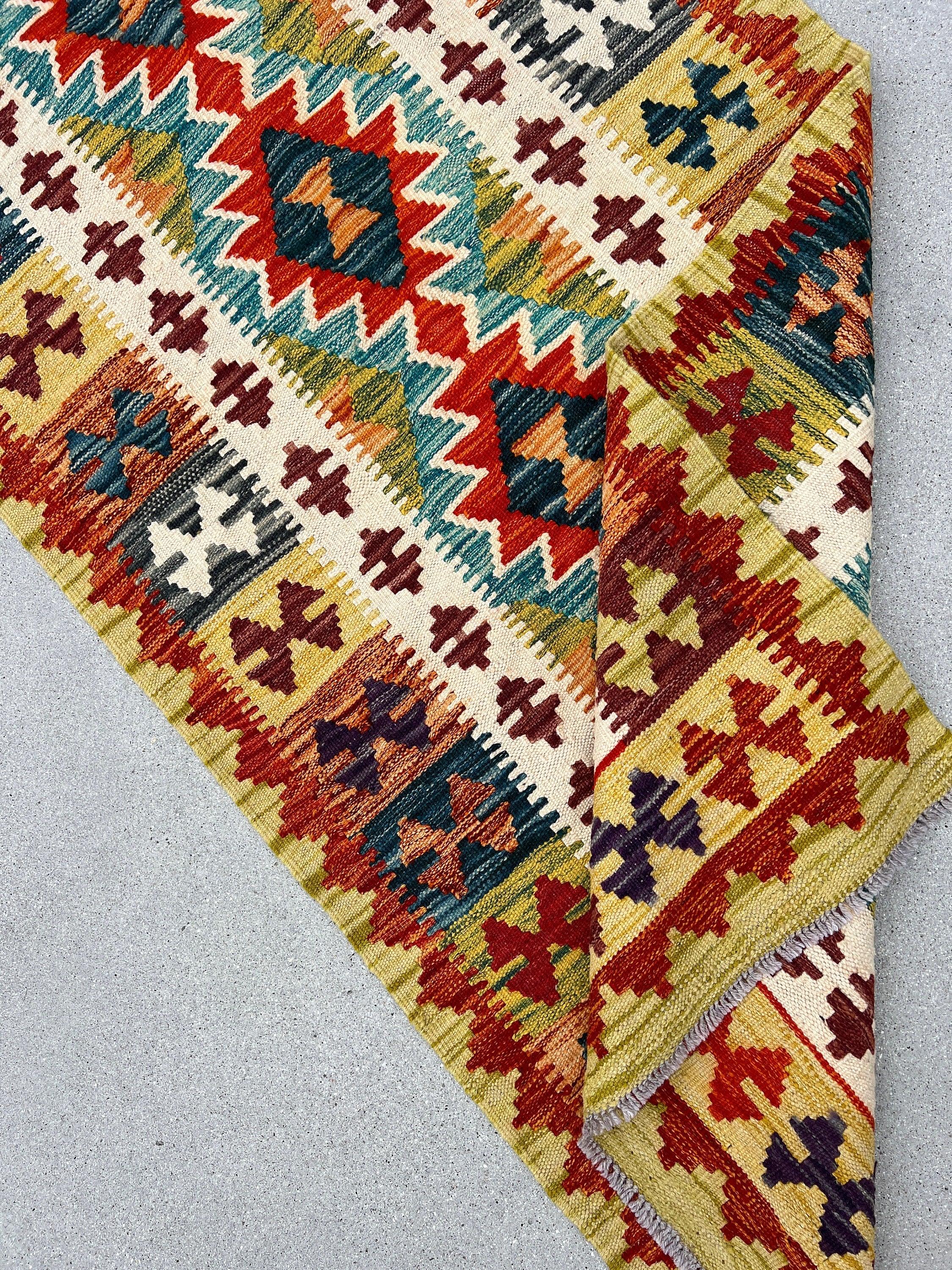 3x13 (90x410) Handmade Afghan Kilim Rug Runner | Olive Green Maroon Brick Red Teal Burnt Orange Charcoal Grey Prussian Blue Purple Cream