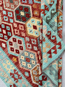 6x8 (180x245) Handmade Afghan Kilim Rug | Turquoise Brick Red Burnt Orange Grey Chocolate Tan Brown Cornsilk Teal Charcoal | Flatweave Wool