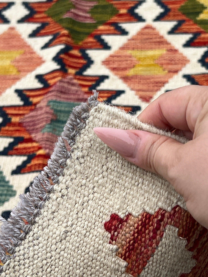 3x10 (90x305) Handmade Afghan Kilim Runner Rug | Cream Olive Pine Midnight Blue Brick Blood Red Moss Mustard Coral Orange Teal | Wool