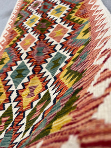 3x10 (90x305) Handmade Afghan Kilim Runner Rug | Cream Olive Pine Midnight Blue Brick Blood Red Moss Mustard Coral Orange Teal | Wool