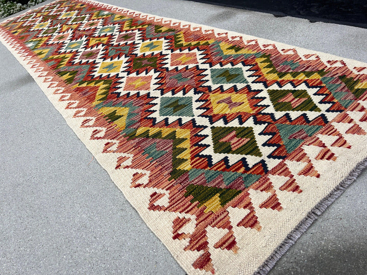 3x10 (90x305) Handmade Afghan Kilim Runner Rug | Cream Olive Pine Midnight Blue Brick Blood Red Moss Mustard Coral Orange Teal | Wool