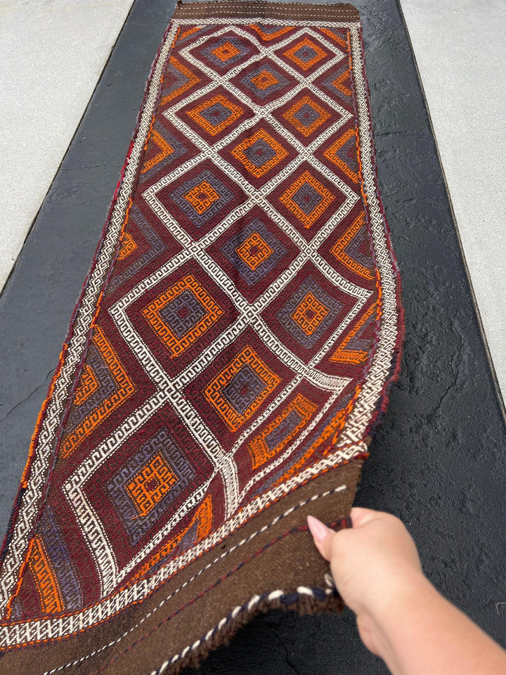 3x9 (90x275) Handmade Afghan Kilim Runner Rug | Chocolate Brown Maroon Garnet Red Ivory Orange Navy Midnight Blue | Persian Flatweave Wool