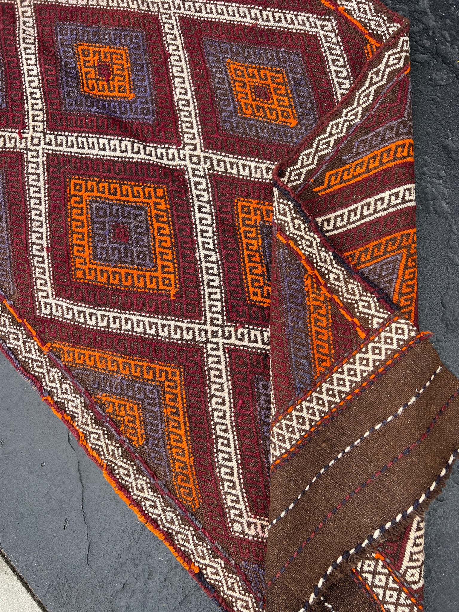 3x9 (90x275) Handmade Afghan Kilim Runner Rug | Chocolate Brown Maroon Garnet Red Ivory Orange Navy Midnight Blue | Persian Flatweave Wool