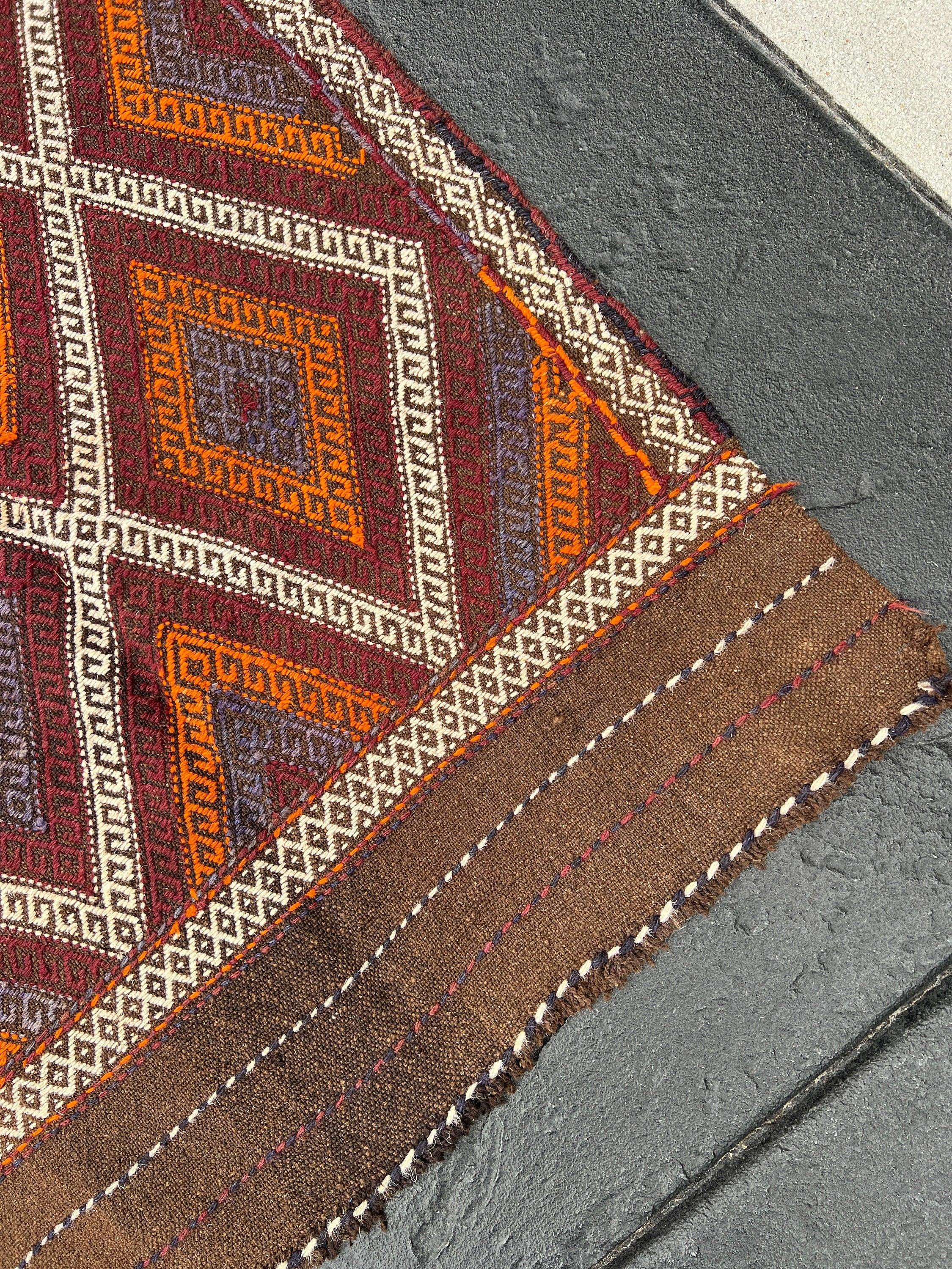 3x9 (90x275) Handmade Afghan Kilim Runner Rug | Chocolate Brown Maroon Garnet Red Ivory Orange Navy Midnight Blue | Persian Flatweave Wool