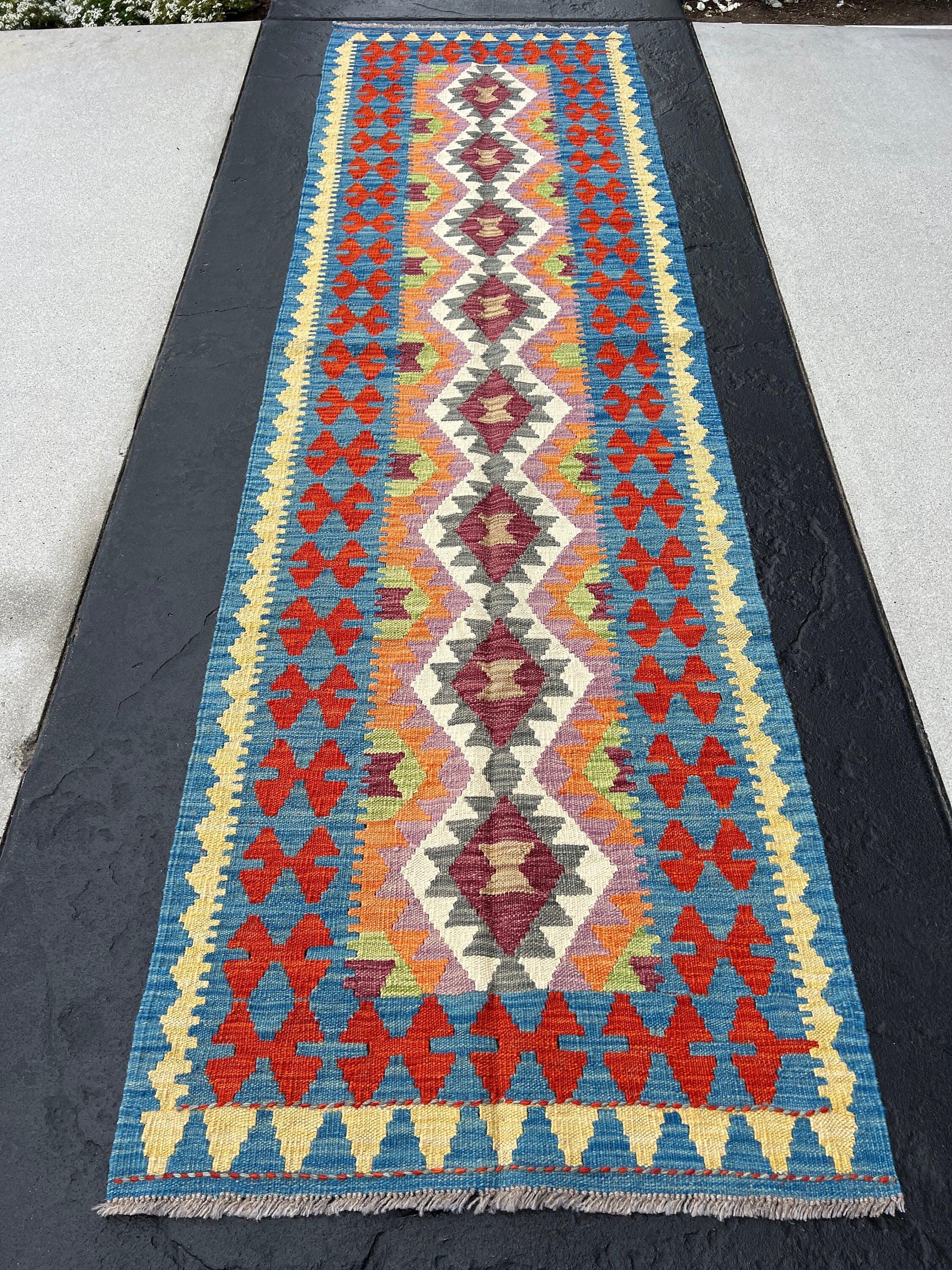 3x10 (90x305) Handmade Afghan Kilim Runner Rug | Denim Blue Crimson Red Ivory Olive Green Grey Cornsilk Orange Lavender Plum Mocha Brown
