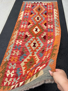 3x7 (100x200) Handmade Afghan Kilim Runner Rug | Red Burnt Orange Chocolate Brown Olive Denim Powder Blue Taupe Ivory | Hand Knotted Wool