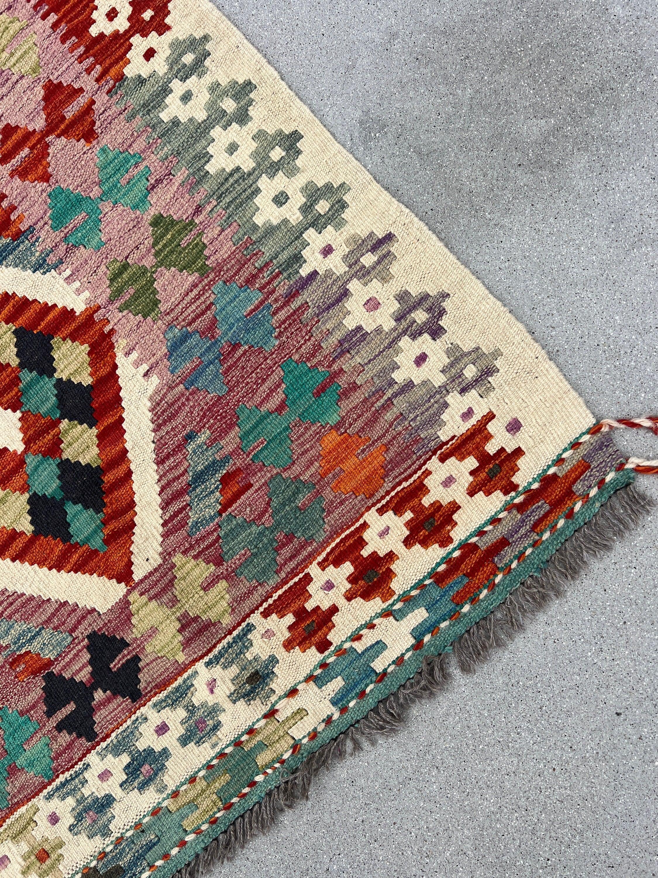 3x7 (100x200) Handmade Afghan Kilim Runner Rug | Cream Rose Blood Red Charcoal Grey Denim Blue Olive Taupe Teal Turquoise Orange Black Wool