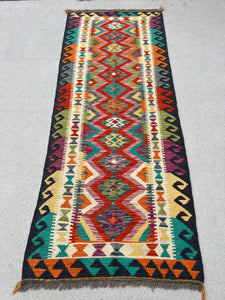 3x7 (100x200) Handmade Afghan Kilim Runner Rug | Black Burnt Orange Purple Teal Olive Green Cream Beige Grey Blue Orange Ivory | Oushak Wool