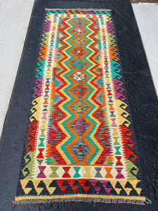 3x7 (100x200) Handmade Afghan Kilim Runner Rug | Black Cream Beige Burnt Orange Charcoal Grey Mustard Yellow Olive Green Teal Purple | Wool