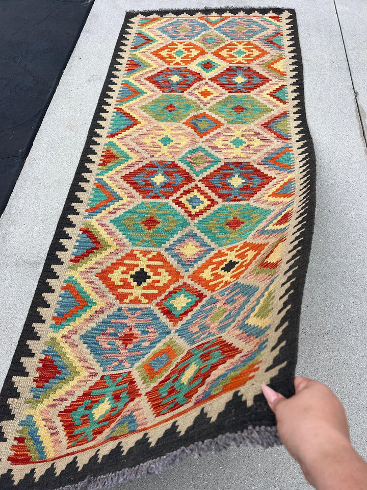 3x7 (100x200) Handmade Afghan Kilim Runner Rug | Charcoal Grey Purple Olive Denim Blue Turquoise Burnt Orange Cornsilk Cream Beige | Oushak