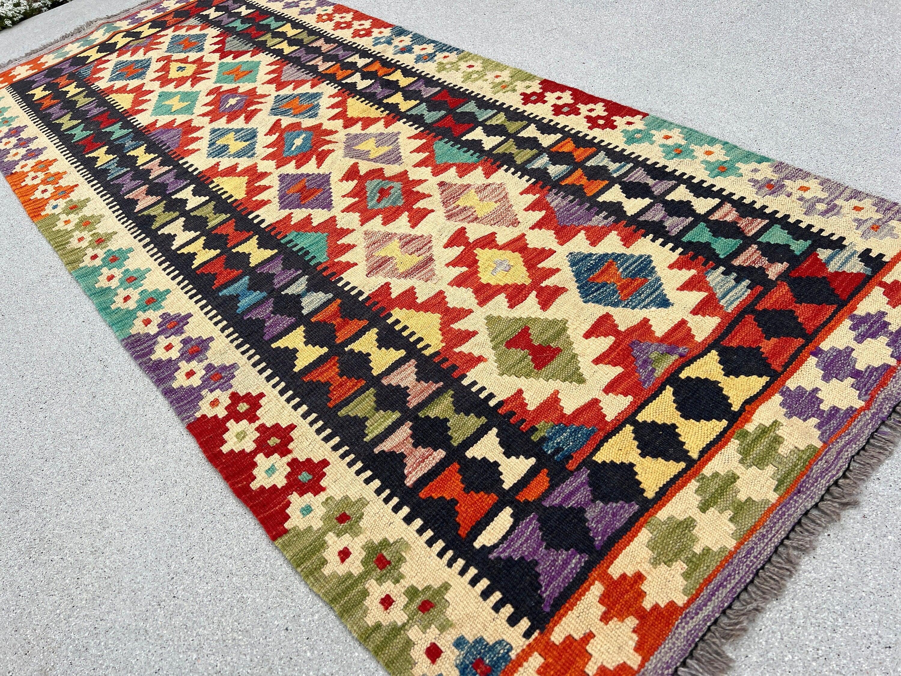 3x7 (100x200) Handmade Afghan Kilim Runner Rug | Cornsilk Burnt Orange Blood Red Turquoise Purple Lilac Olive Denim Blue Cream Beige Wool