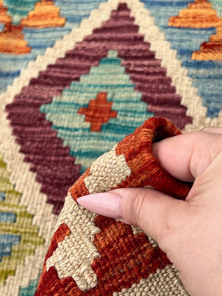 3x7 (100x200) Handmade Afghan Kilim Runner Rug | Brick Red Burnt Orange Charcoal Grey Denim Sky Blue Cornsilk Olive Yellow Purple Lilac