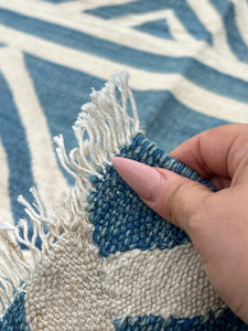 7x10 (215x305) Handmade Afghan Kilim Rug | Denim Blue Ivory White | Beni Mrirt Boujad Flokati Wool Bohemian Persian Oushak Plush