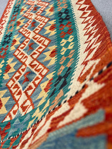 3x7 (100x200) Handmade Afghan Kilim Runner Rug | Burnt Orange Cream Beige Teal Cornsilk Mustard Yellow Black Chocolate Brown | Wool