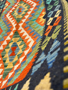 3x7 (100x200) Handmade Afghan Kilim Runner Rug | Olive Black Denim Blue Orange Turquoise Cream Beige Mustard Cornsilk Yellow | Persian Wool