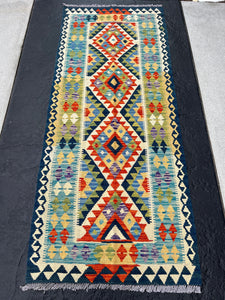 3x7 (100x200) Handmade Afghan Kilim Runner Rug | Midnight Denim Blue Olive Burnt Orange Cream Beige Purple Cornsilk Ivory Teal | Wool