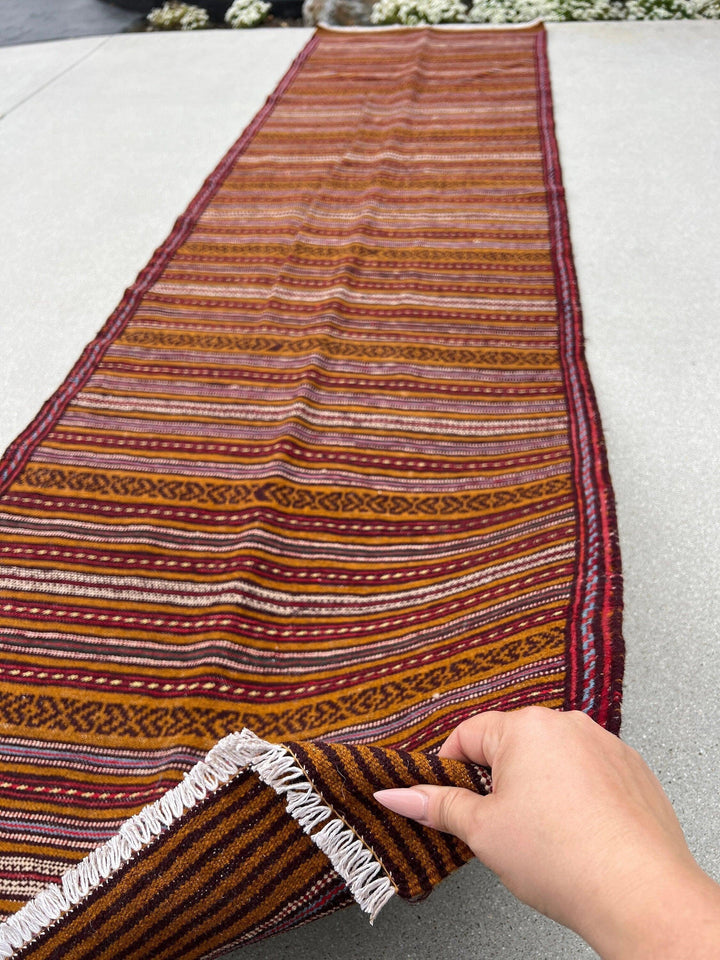 3x10 (90x305) Handmade Afghan Kilim Runner Rug | Rust Orange Blood Red Ivory Cream Beige Cornsilk Chocolate Royal Blue Fuchsia Pink | Wool