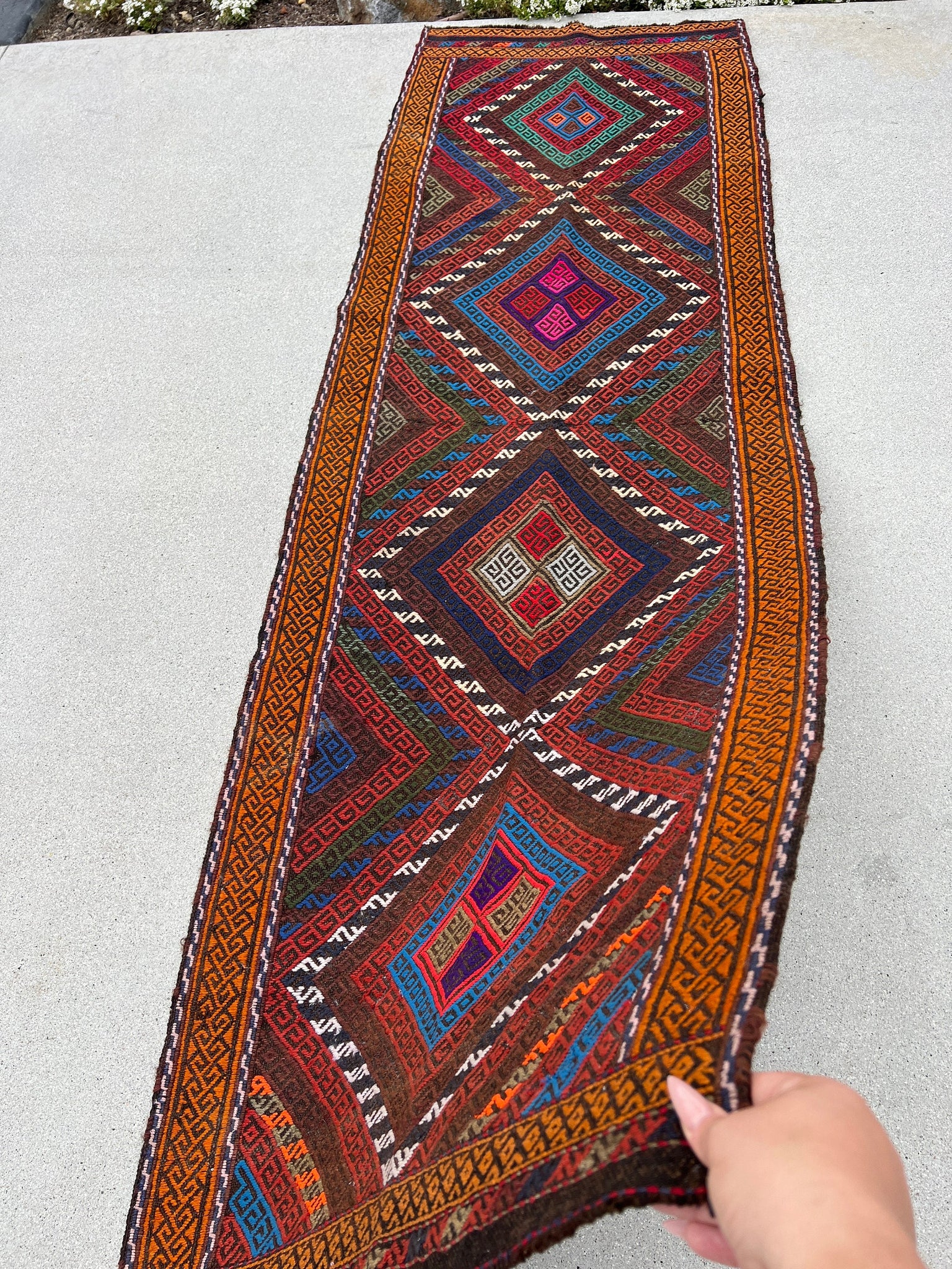 2x7 (60x200) Handmade Afghan Kilim Runner Rug | Chocolate Brown Crimson Brick Red Royal Blue Ivory Charcoal Grey Orange Rose Pink Olive Moss