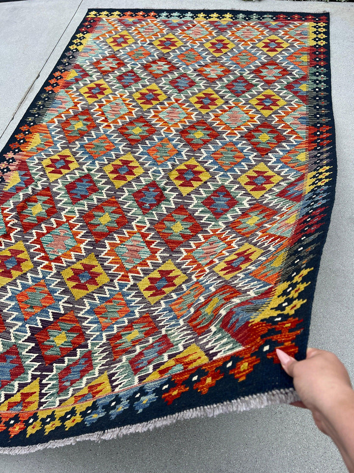 5x8 (150x245) Handmade Afghan Kilim Rug | Midnight Denim Blue Olive Burnt Orange Blood Red Ivory Teal Charcoal Grey Taupe | Flatweave Wool