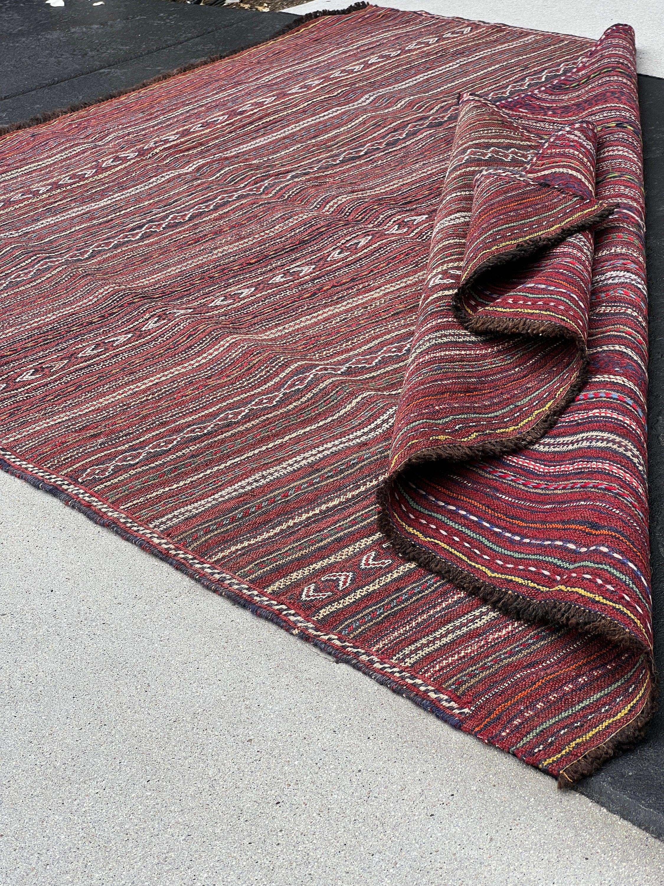 5x6 (150x215) Handmade Afghan Kilim Rug | Blood Brick Red Burnt Orange Gold Yellow Pine Green Ivory Denim Blue Chocolate Cream Beige Black