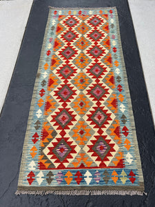3x7 (100x200) Handmade Afghan Kilim Runner Rug | Grey Denim Blue Cream Beige Charcoal Blood Red Purple Lilac Burnt Orange Ivory Olive | Wool