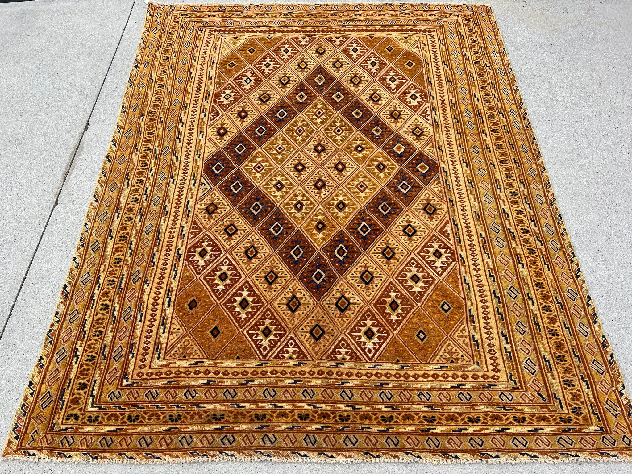 5x6 (150x215) Handmade Vintage Baluch Afghan Rug | Mustard Gold Yellow Taupe Chocolate Mocha Brown Cream Black Charcoal | Hand Knotted Wool