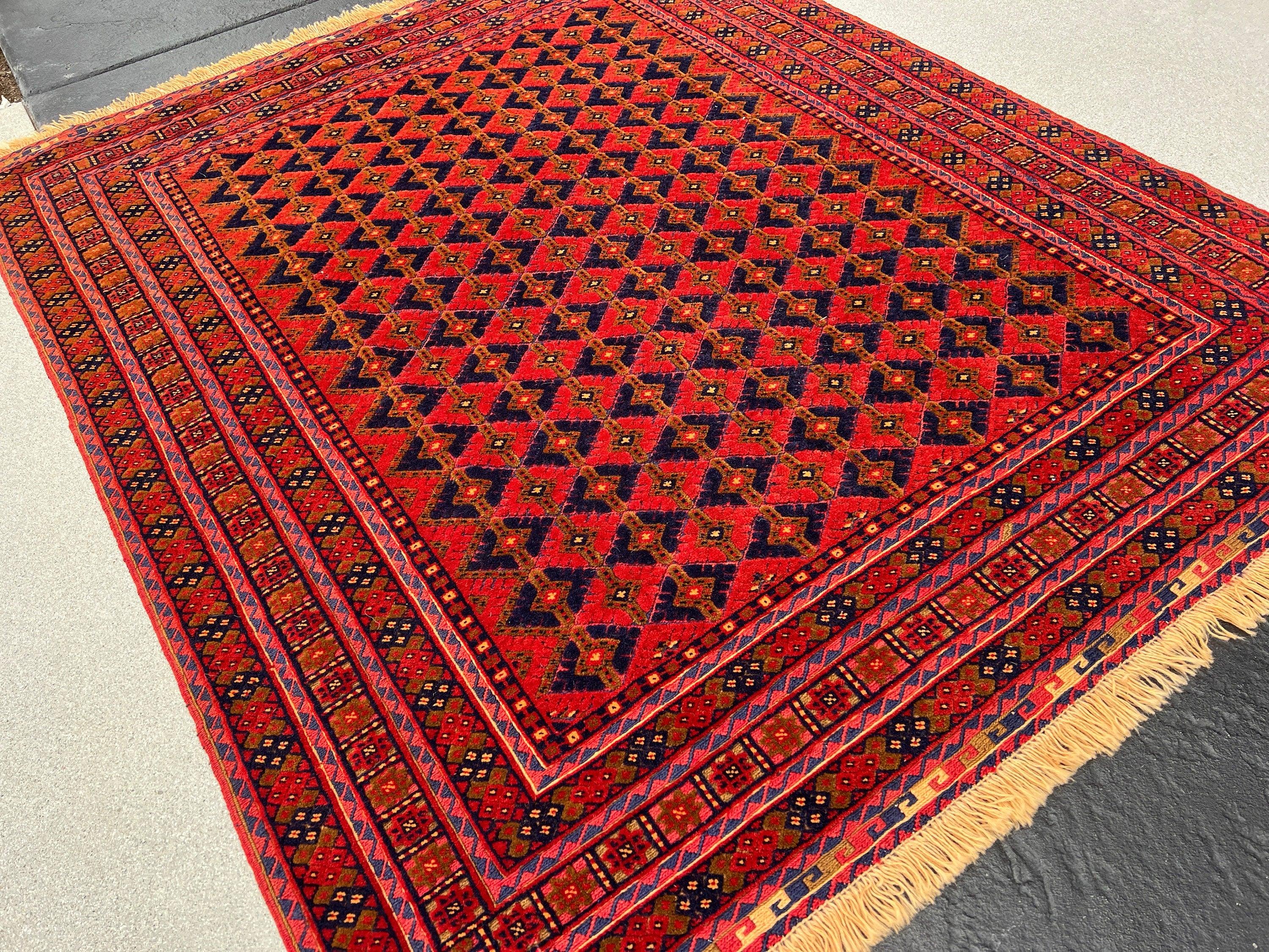 5x6 (150x215) Handmade Vintage Baluch Afghan Rug | Blood Crimson Red Navy Blue Taupe Chocolate Orange Olive Green | Hand Knotted Wool