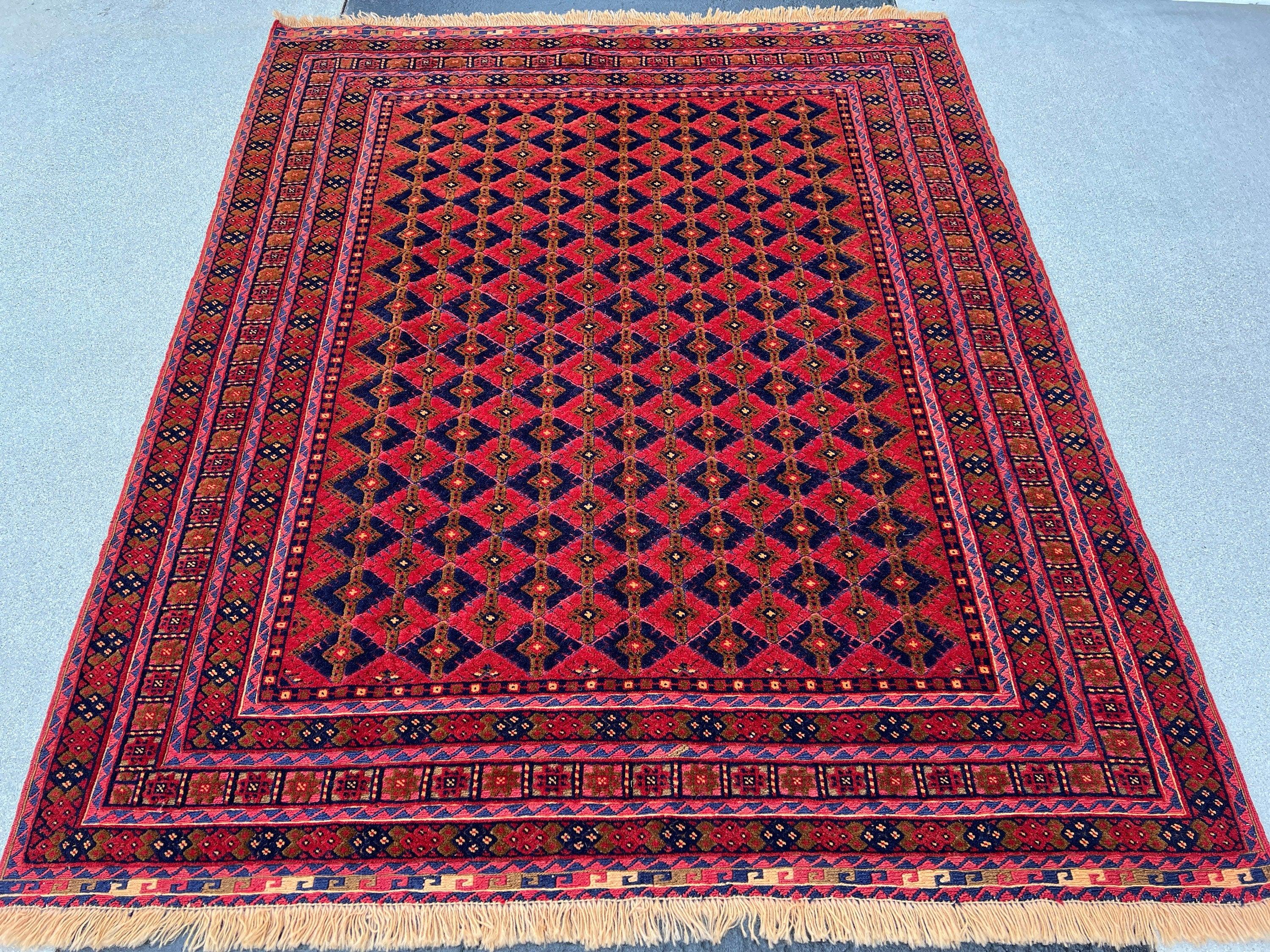 5x6 (150x215) Handmade Vintage Baluch Afghan Rug | Blood Crimson Red Navy Blue Taupe Chocolate Orange Olive Green | Hand Knotted Wool