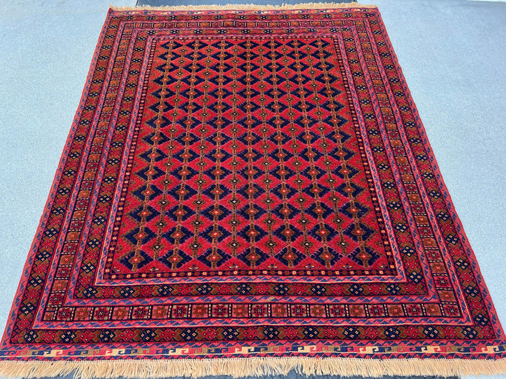 5x6 (150x215) Handmade Vintage Baluch Afghan Rug | Blood Crimson Red Navy Blue Taupe Chocolate Orange Olive Green | Hand Knotted Wool