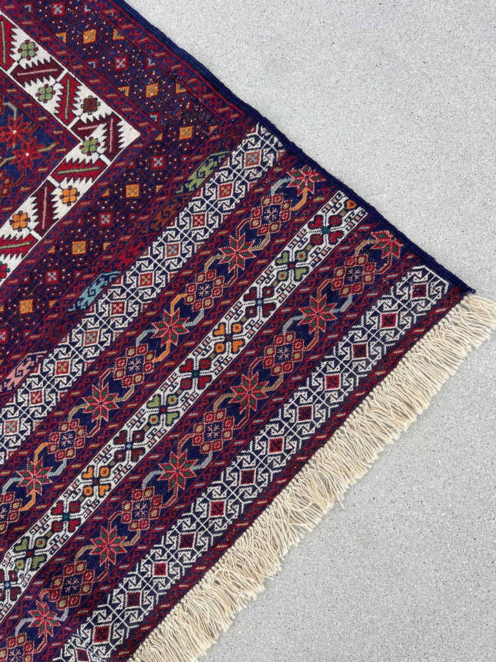 4x7 (120x215) Handmade Vintage Kilim Afghan Rug | Navy Sky Blue Maroon Taupe Chocolate Orange Lime Forest Green Salmon Pink Ivory | Wool