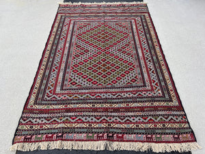 4x7 (120x215) Handmade Vintage Afghan Rug | Garnet Red Light Blue Ivory Olive Orange Cream Beige Salmon Pink Black | Geometric Wool