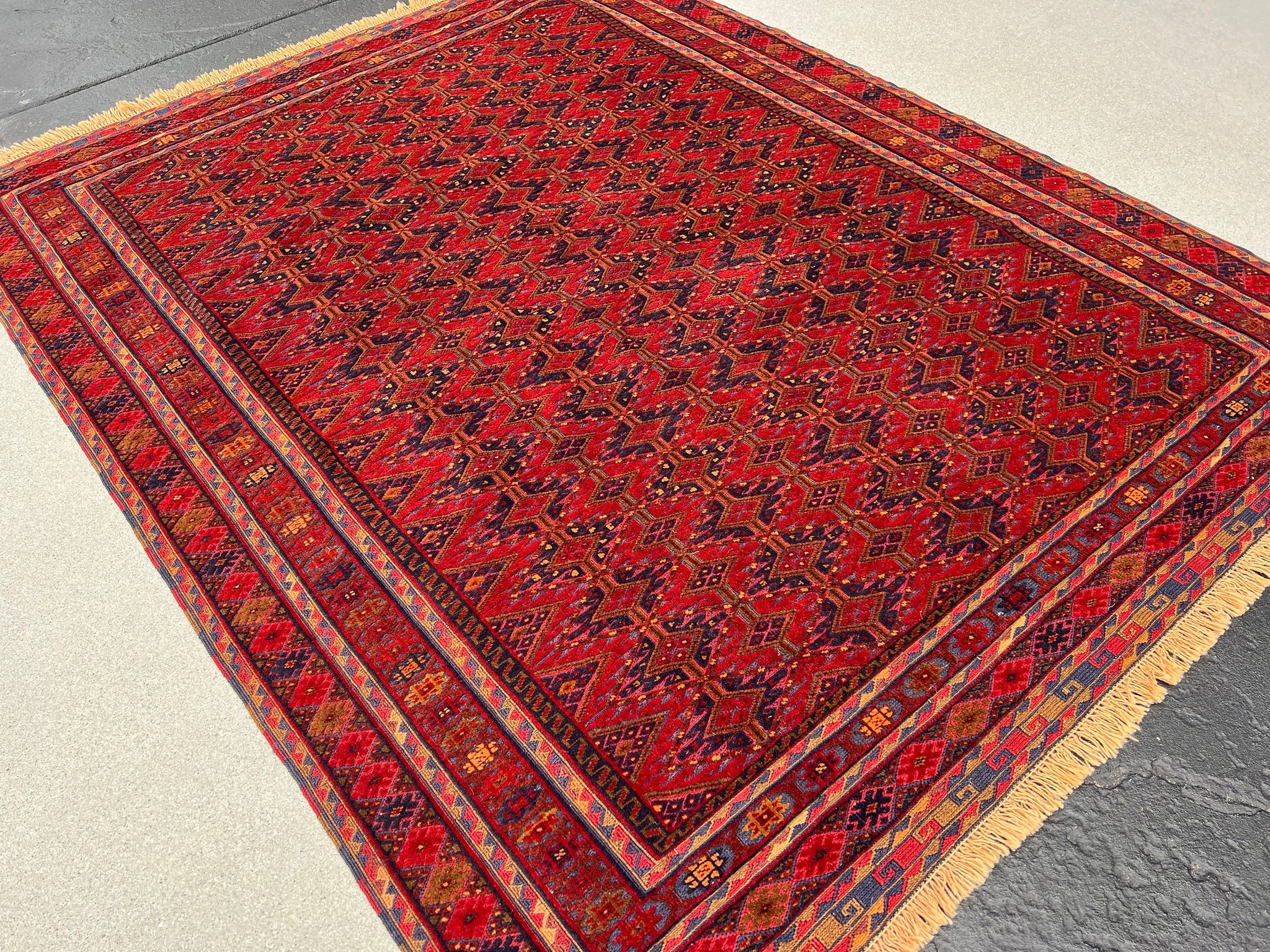 5x7 (150x215) Handmade Vintage Baluch Afghan Rug | Blood Crimson Red Navy Blue Taupe Chocolate Orange Olive Green | Hand Knotted Wool