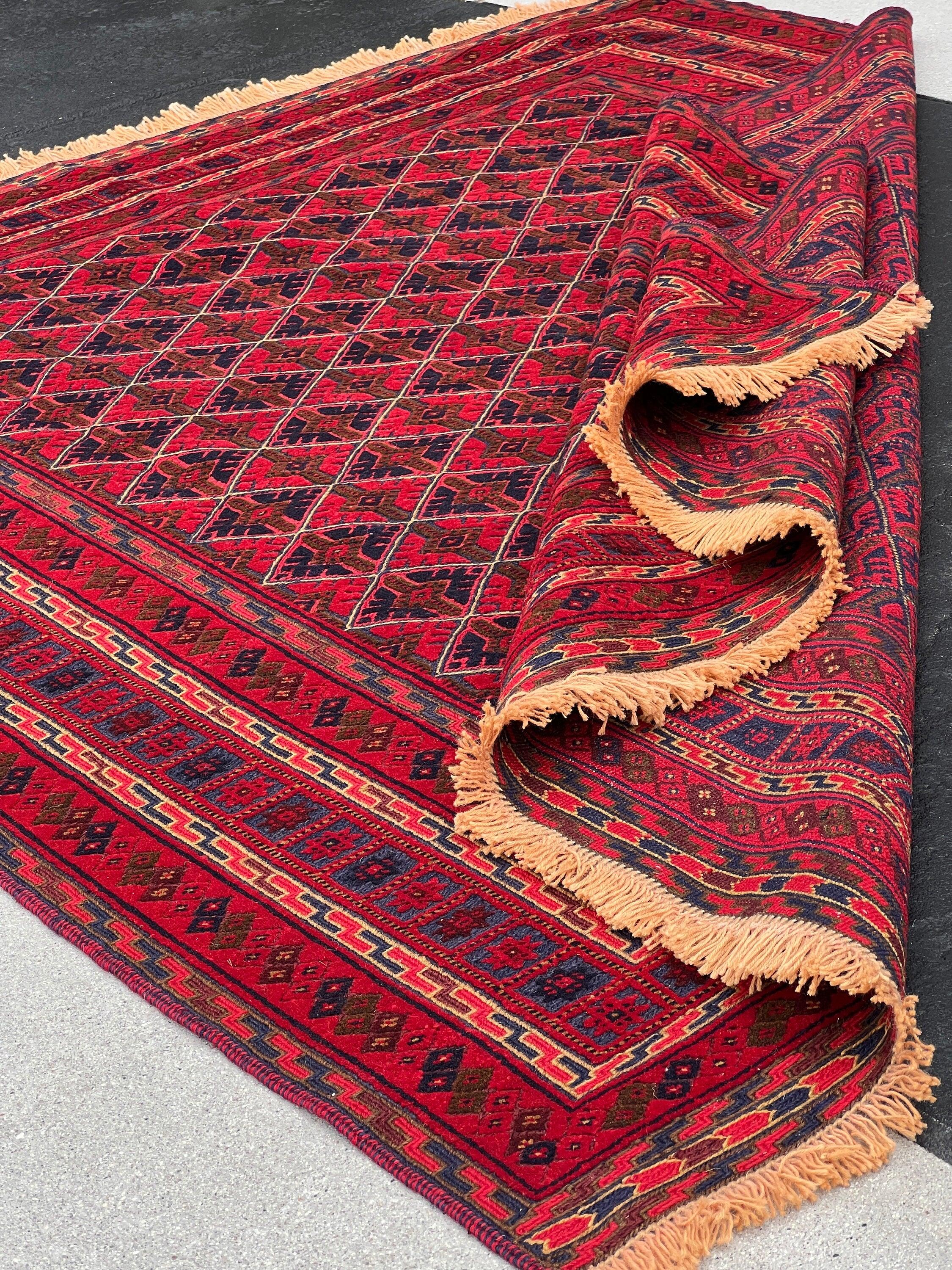 5x6 (150x215) Handmade Vintage Kilim Afghan Rug | Crimson Blood Red Navy Blue Taupe Chocolate Orange Ivory | Hand Knotted Turkish Wool