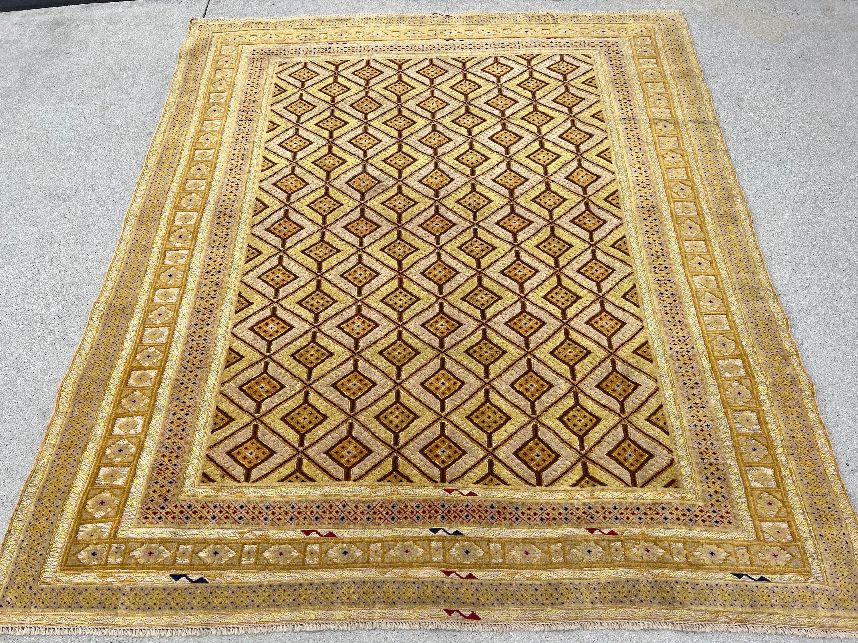 5x6 (150x215) Handmade Vintage Baluch Afghan Rug | Cornsilk Taupe Gold Mustard Yellow Crimson Red Navy Blue Ivory Chocolate | Oushak Wool