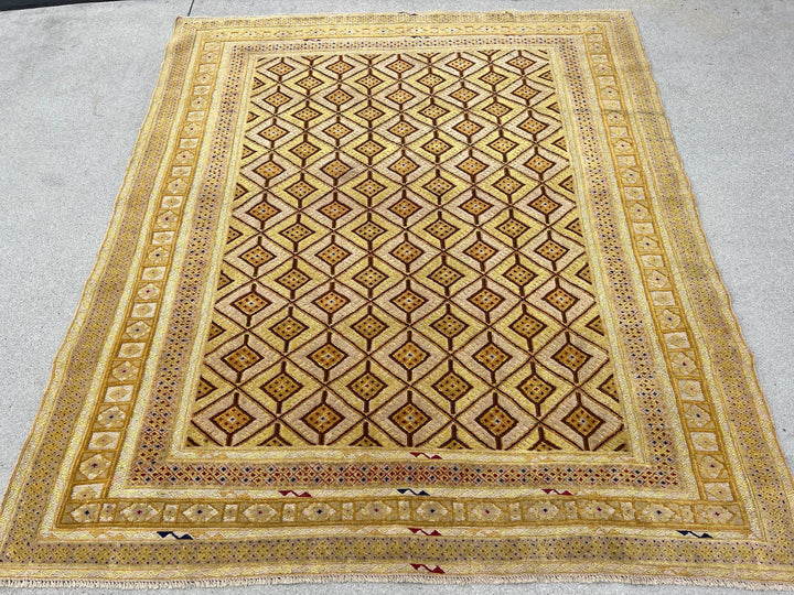 5x6 (150x215) Handmade Vintage Baluch Afghan Rug | Cornsilk Taupe Gold Mustard Yellow Crimson Red Navy Blue Ivory Chocolate | Oushak Wool