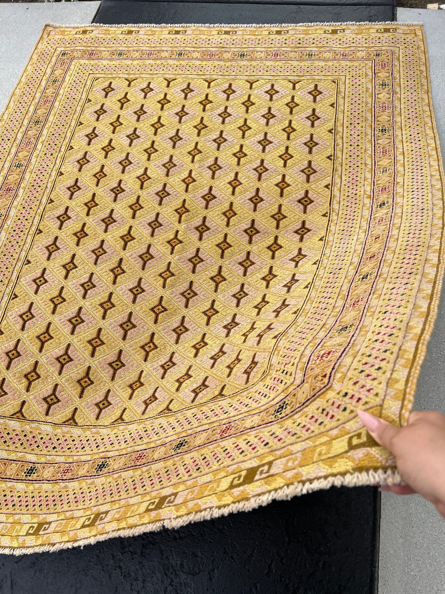5x6 (150x215) Handmade Vintage Kilim Afghan Rug | Cornsilk Taupe Gold Mustard Yellow Crimson Red Navy Blue Cream Olive Green | Wool