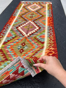 3x7 (100x200) Handmade Afghan Kilim Runner Rug | Crimson Blood Red Burnt Orange Ivory Purple Olive Moss Green Teal Grey | Flatweave Wool