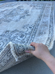10x12 (305x400) Handmade Afghan Rug | Neutral Muted Grey Gray Cream Black Beige | Wool Hand Knotted Turkish Oushak Persian Floral Hand Woven
