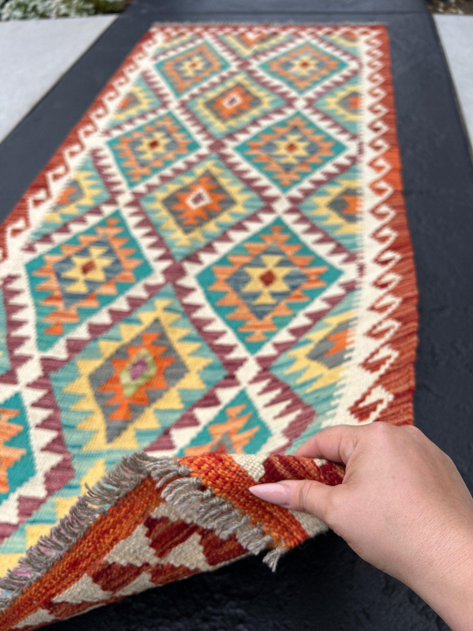 3x7 (100x200) Handmade Afghan Kilim Runner Rug | Blood Red Burnt Orange Ivory Moss Green Turquoise Navy Blue Red Gold Yellow Grey Purple